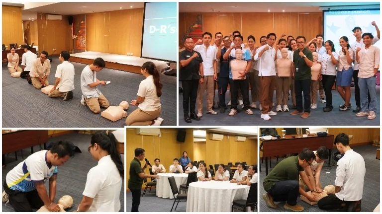 FirstMedic instructor providing First Aid and Basic Life Support (BLS) training to The One Legian hotel staff in Bali, featuring CPR practice, choking management, recovery position demonstrations, and emergency response education.
